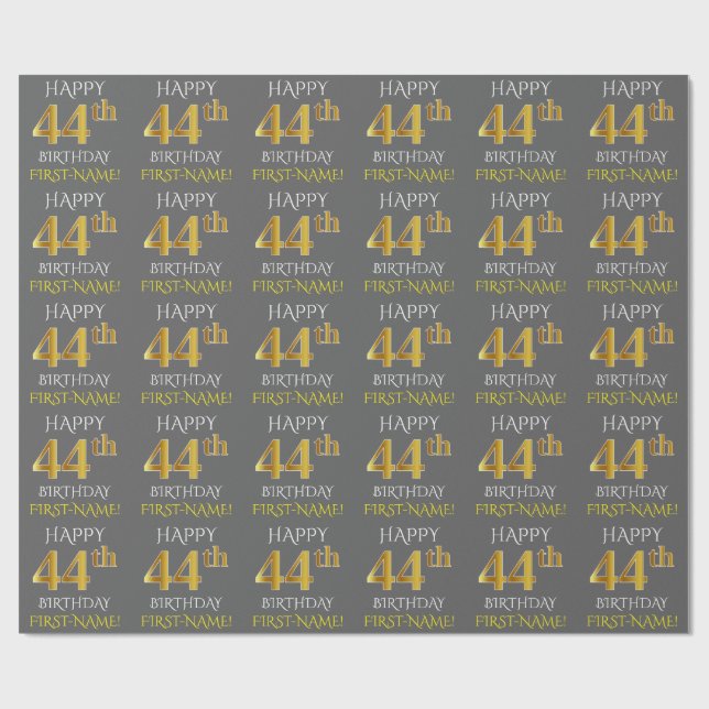 Grått, Faux Guld (LYCKLIG 44:e BIRTHDAY) Presentpapper (Platt)