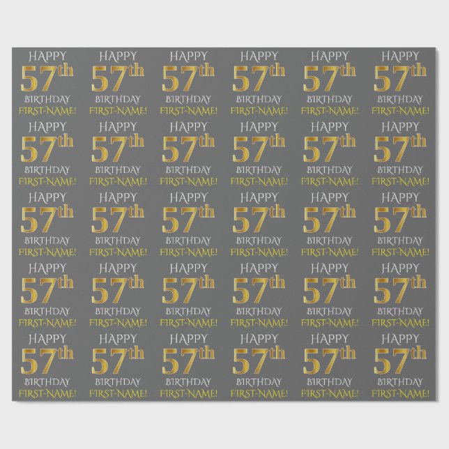Grått, Faux Guld (LYCKLIG 57:e BIRTHDAY) Presentpapper (Platt)