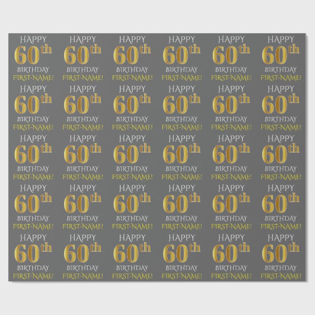 Grått, Faux Guld "LYCKLIG 60:e BIRTHDAY" Presentpapper (Platt)
