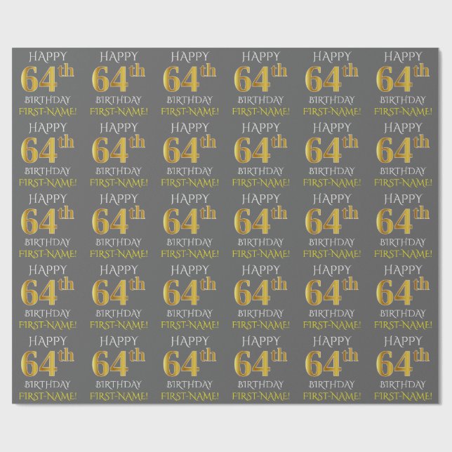 Grått, Faux Guld "LYCKLIG 64:e BIRTHDAY" Presentpapper (Platt)
