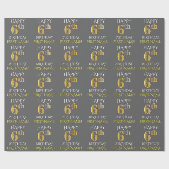 Grått, Faux Guld (LYCKLIG 6e BIRTHDAY) Presentpapper (Platt)