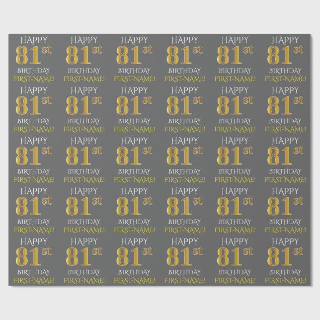 Grått, Faux Guld (LYCKLIG 81:a BIRTHDAY) Presentpapper (Platt)