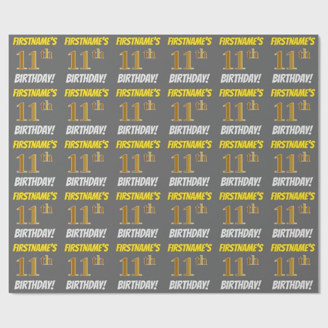Grått, Faux/Imitation Guld, "11:e BIRTHDAY" Presentpapper (Platt)