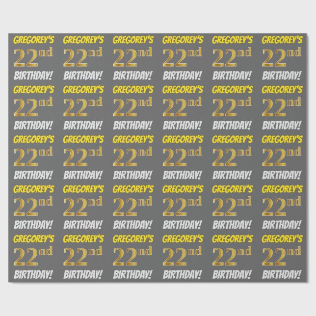 Grått, Faux/Imitation Guld, "22:a BIRTHDAY" Presentpapper (Platt)