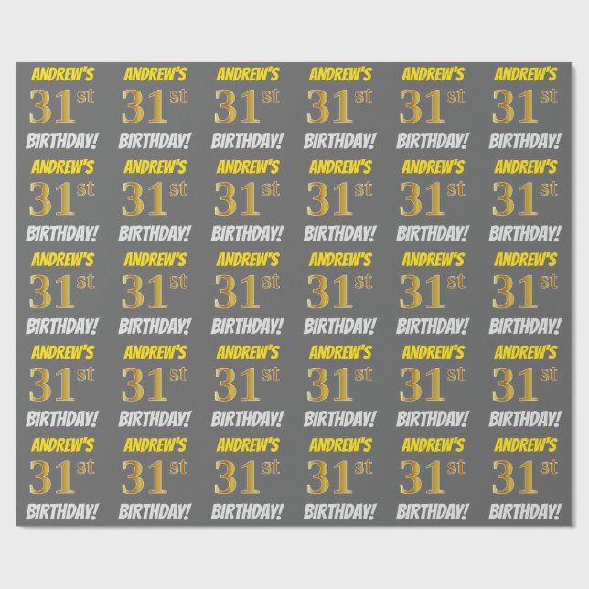 Grått, Faux/Imitation Guld, "31a BIRTHDAY" Presentpapper (Platt)