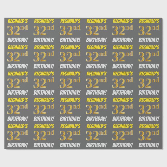 Grått, Faux/Imitation Guld, "32:a BIRTHDAY" Presentpapper (Platt)