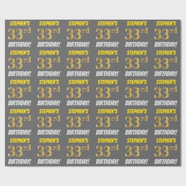 Grått, Faux/Imitation Guld, "33rd BIRTHDAY" Presentpapper (Platt)