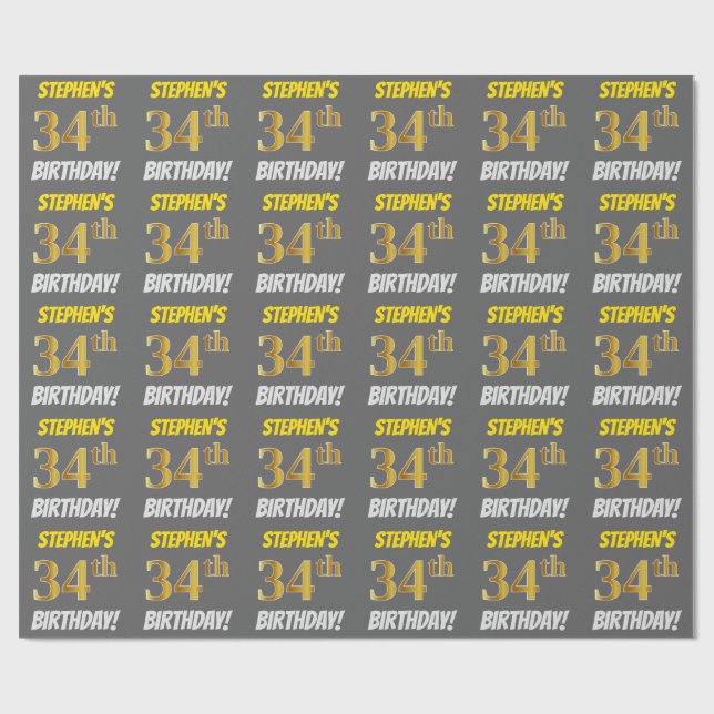 Grått, Faux/Imitation Guld, "34:e BIRTHDAY" Presentpapper (Platt)