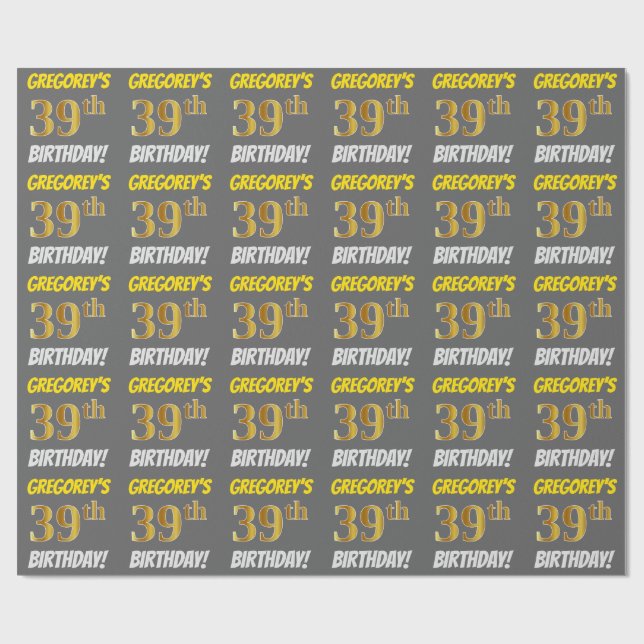 Grått, Faux/Imitation Guld, "39th BIRTHDAY" Presentpapper (Platt)