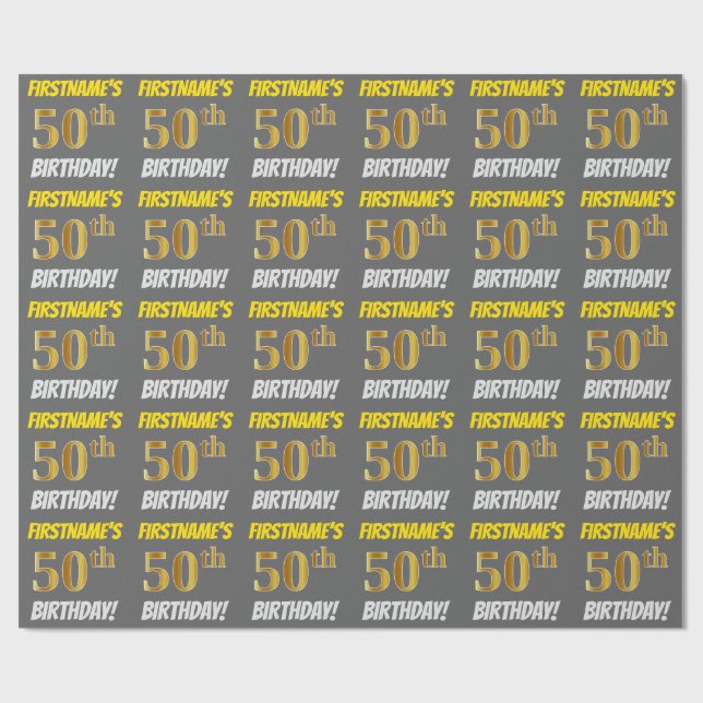Grått, Faux/Imitation Guld, "50:e BIRTHDAY" Presentpapper (Platt)