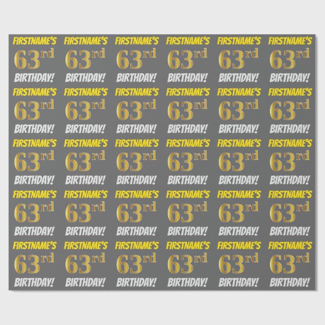 Grått, Faux/Imitation Guld, "63:e BIRTHDAY" Presentpapper (Platt)