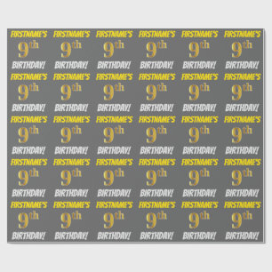 Grått, Faux/Imitation Guld, "9th BIRTHDAY" Presentpapper