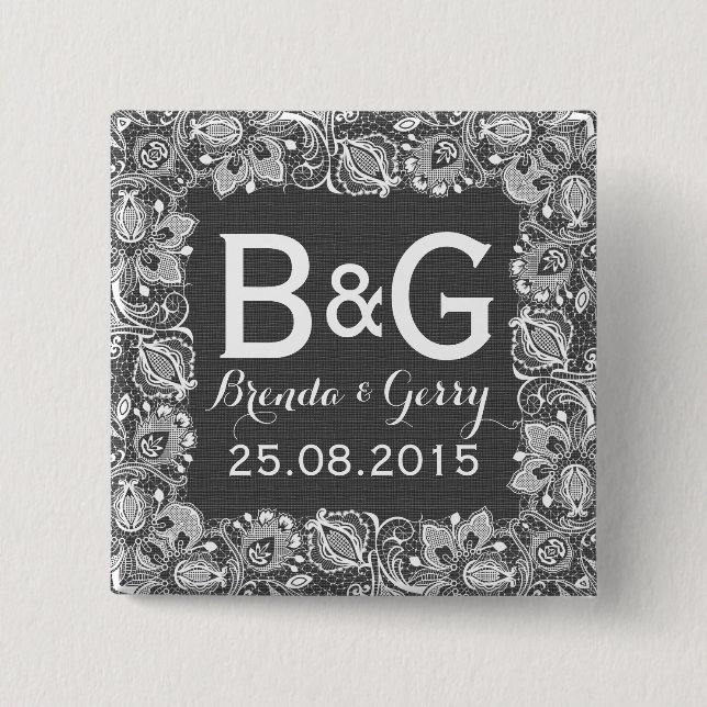 Grått Faux Linen & White Blommigt Snöre Ram Knapp (Framsida)