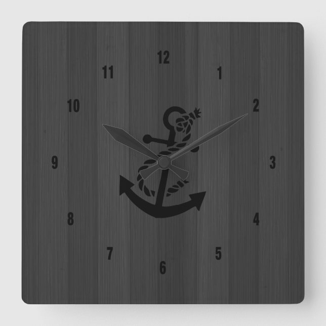 Grått Faux Wood Planks Black Anchor Fyrkantig Klocka (Framsida)