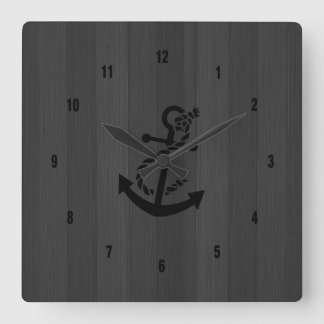 Grått Faux Wood Planks Black Anchor Fyrkantig Klocka
