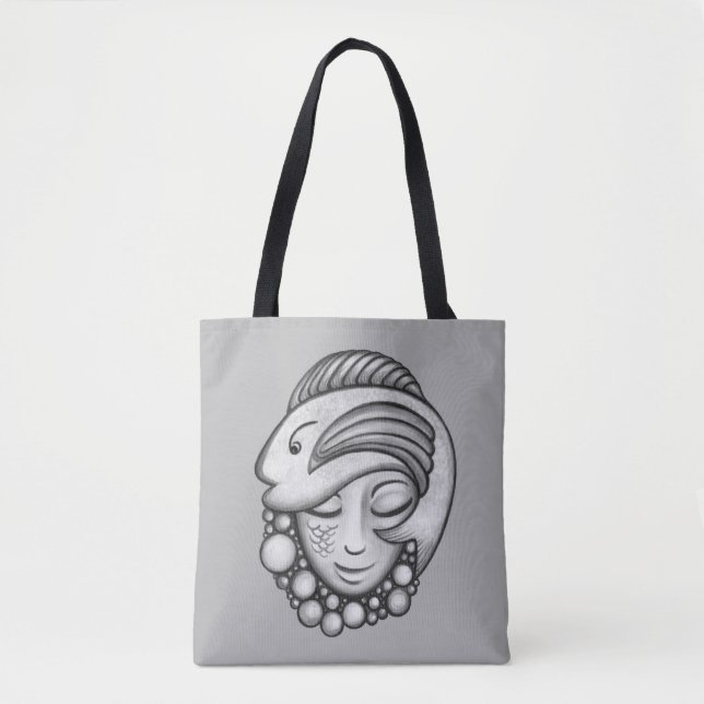Grått Fish and Sjöjungfru Art Tote Bag Tygkasse (Framsida)