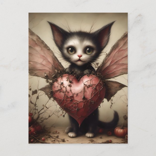 Grått Fladdermus Cat Fairy with Rosa Heart Vykort (Framsida)