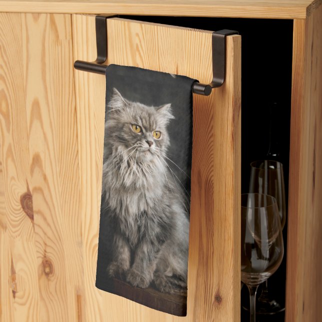 Grått Fluffy Cat Kökshandduk (Thirds Fold)