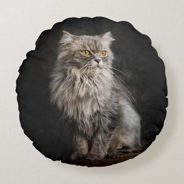 Grått Fluffy Cat Rund Kudde (Framsidan)
