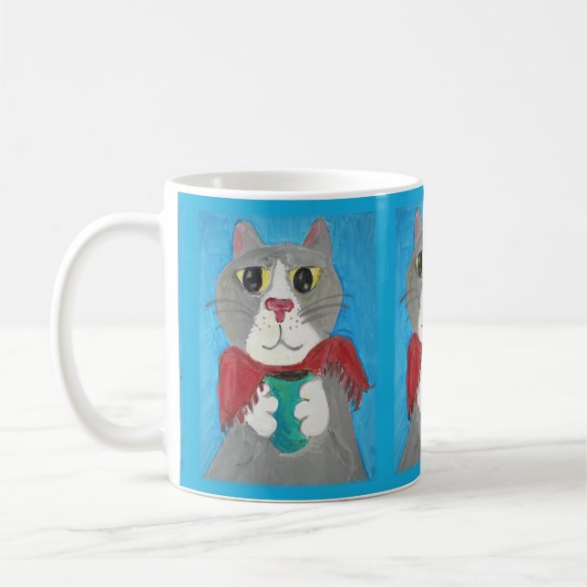 Grått Folk Art Cat med Mysigt kaffekort Kaffemugg (Vänster)