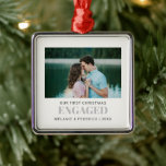 Grått för ENGAGAGE COUPLE-foto, första julen Julgransprydnad Metall<br><div class="desc">Vårt foto Ornament är en perfekt som är viktig för att aldrig glömma din första julklapp!! Välj de bästa bilderna, lägg till namn och år och lägg på Julgran för att göra denna säsong oförglömlig!!! Skapa en fin gåva till din kära: "ENGAGED visas under fotot i chic ljusa GRÅTT-bokstäver på...</div>