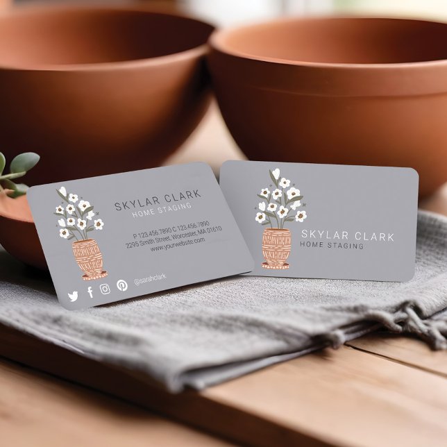 Grått för hemmalager, blomkruka visitkort (Bohemian Flower Potted Plant Home Staging Grey Business Card)