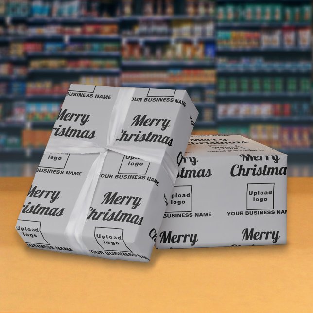 Grått | Företag | Papper julafton Presentpapper (Business name and logo with Merry Christmas greeting on gray wrapping paper)