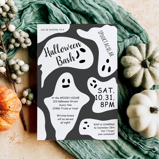 Grått-formen för kute, vitt spöken, Halloween-bas Inbjudningar (Cute white ghosts gray shape Halloween bash Invitation)