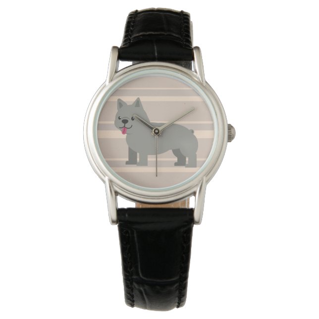 Grått Fransk Bulldog, Beige Stripe Armbandsur (Framsida)