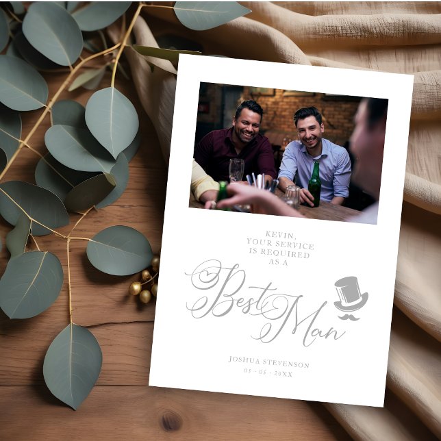 Grått Funny Photo Frieri Bröllop Best Man (Groomsman Funny Wedding Minimalist Photo Proposal Card.)