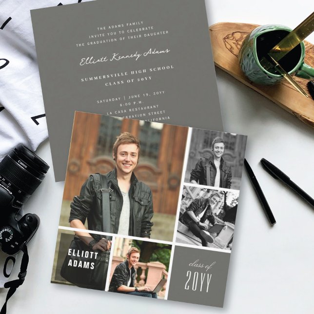 Grått Fyrkant 4 Foto Modern Högstadietexamen Fest Inbjudningar (4 Photo Minimalist Grey Color Block / Square Graduation Party Invitation @ zazzle.com/color_therapy)