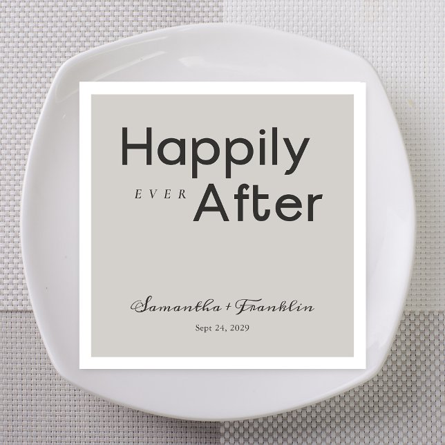 Grått Geometriskt Lyckligt För Evigt Bröllop Pappersservett (Gray geometric happily ever after wedding napkins with names and date)