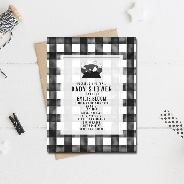Grått Gingham Night Himlar Mountain Baby Shower Inbjudningar (Skapare uppladdad)