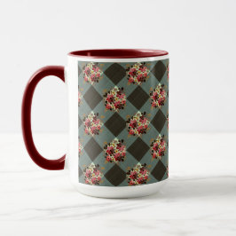 Grått Gingham och Burgundy Blommigt Land Mugg