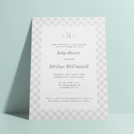 Grått Gingham Traditional Baby Shower-inbjudan Inbjudningar