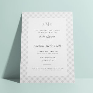 Grått Gingham Traditional Baby Shower-inbjudan Inbjudningar