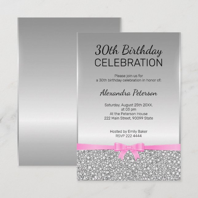 Grått Glitter 30års födelsedag Inbjudningar (Fram/baksida)