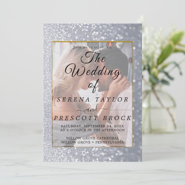 Grått Glitter Elegant Vellum Wedding bjudande Inbjudningar (Stående Fram)