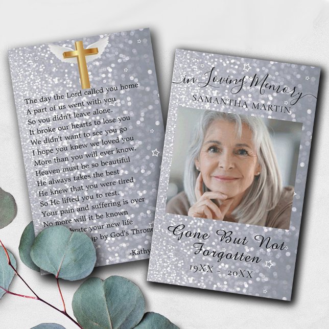 Grått Glitter Funeral Memorial Prayer Photo Card Visitkort (Skapare uppladdad)
