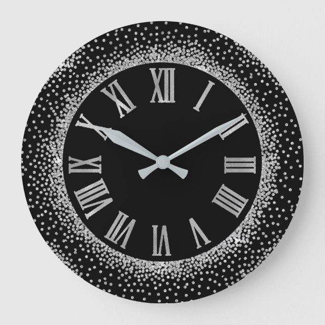 Grått Glitter Silver Romerska Eleganten Black Stor Klocka (Framsida)