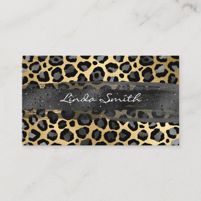 Grått Gold Foil Leopard Brush Stroke Visitkort (Framsida)