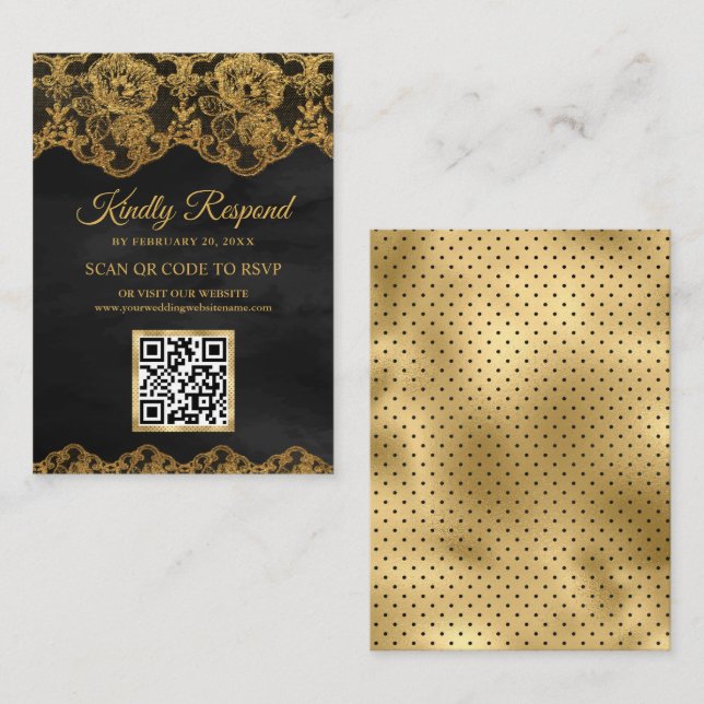 Grått Gold Foil Snöre QR Code OSA Bröllop webbplat Tilläggskort (Fram/baksida)