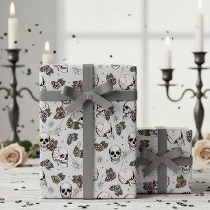 Grått-gotiska Döskallar och Ro Blommigt Presentpapper
