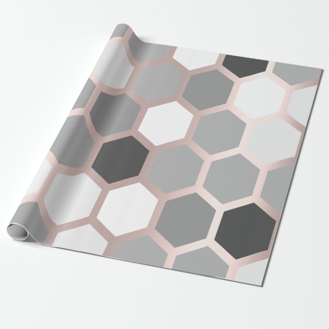 Grått Graphite Ro Guld Geometry Honungsbin Hexagon Presentpapper (Utrullad)
