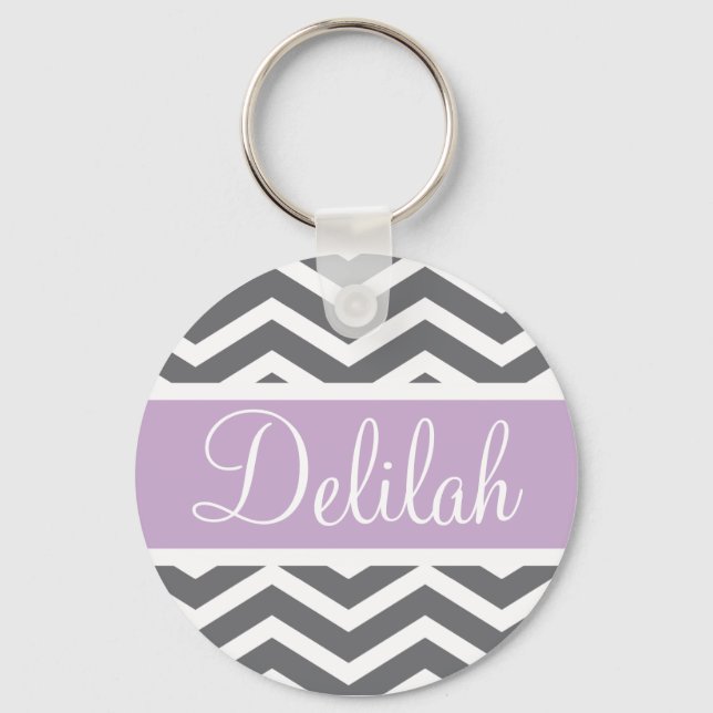Grått Grått Lila Chevron eget namn Nyckelring (Framsida)