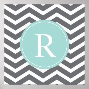 Grått Grått Mint Chevron Monogram Poster