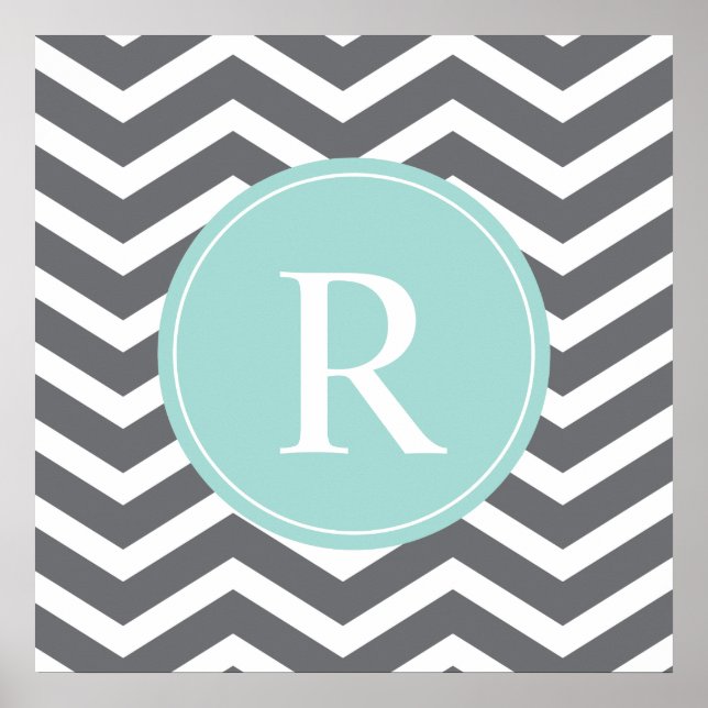 Grått Grått Mint Chevron Monogram Poster (Framsidan)