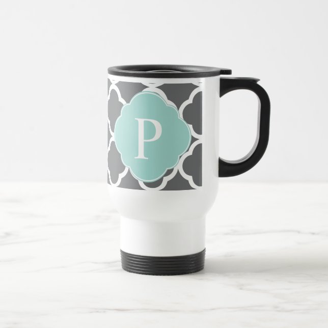 Grått Grått Mint Quatrefoil Monogram Resemugg (Höger)
