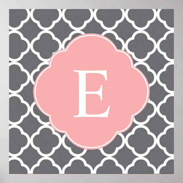 Grått Grått Peach Quatrefoil Monogram Poster (Framsidan)