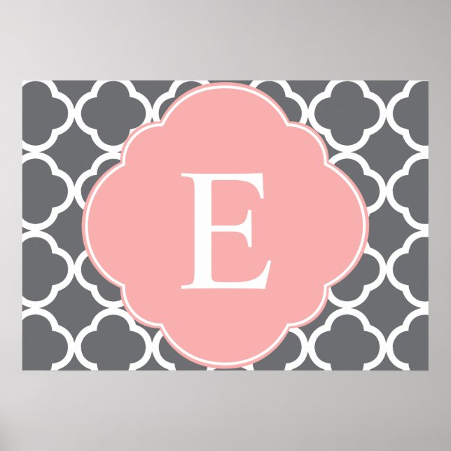 Grått Grått Peach Quatrefoil Monogram Poster (Framsidan)